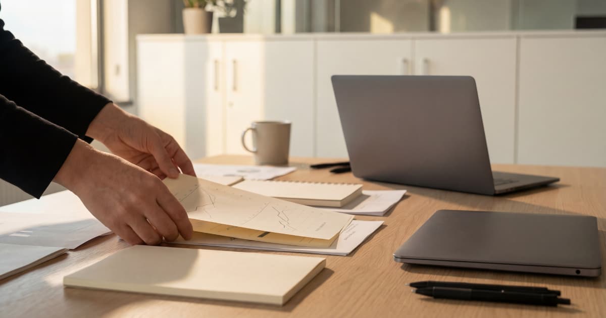 11 Hands sorting papers on a wooden desk with a laptop, mug, and pens nearby in a bright office setting.